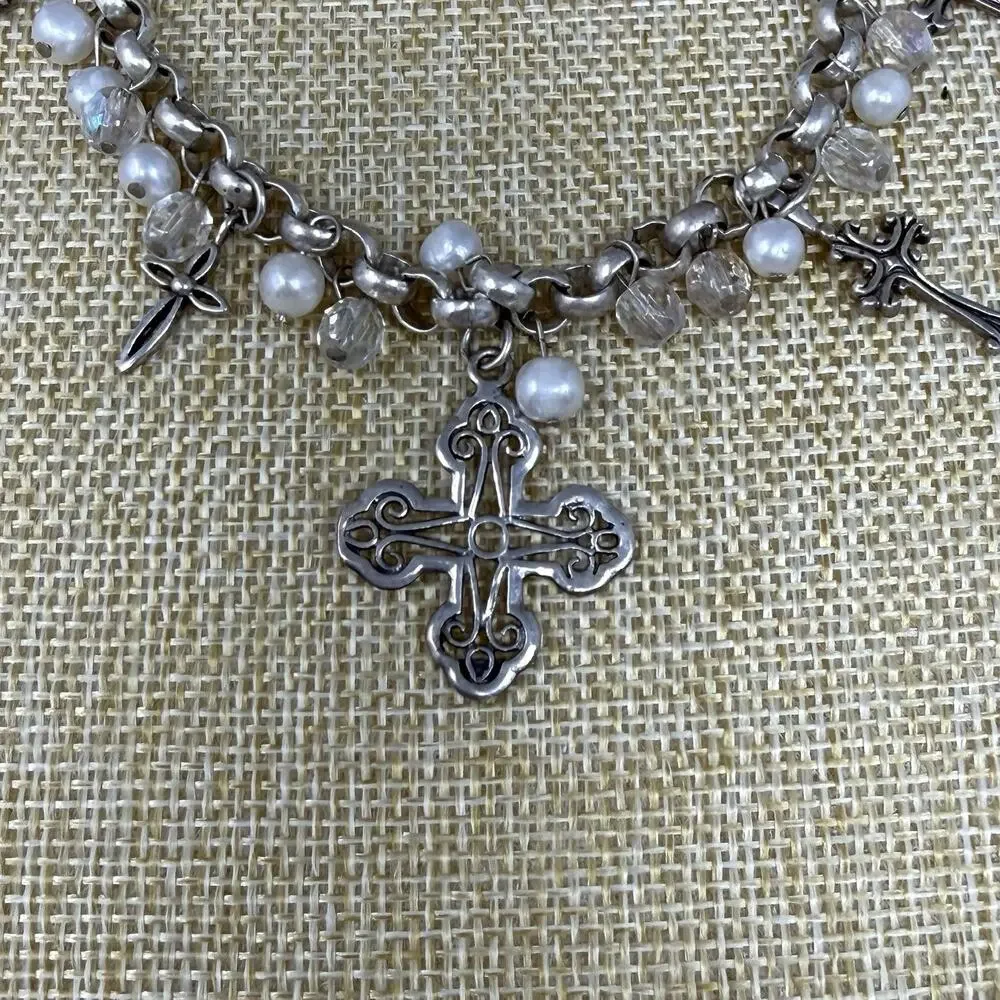 Vintage 925 Religious 5 Cross Charm Bracelet Sterling Silver Christian